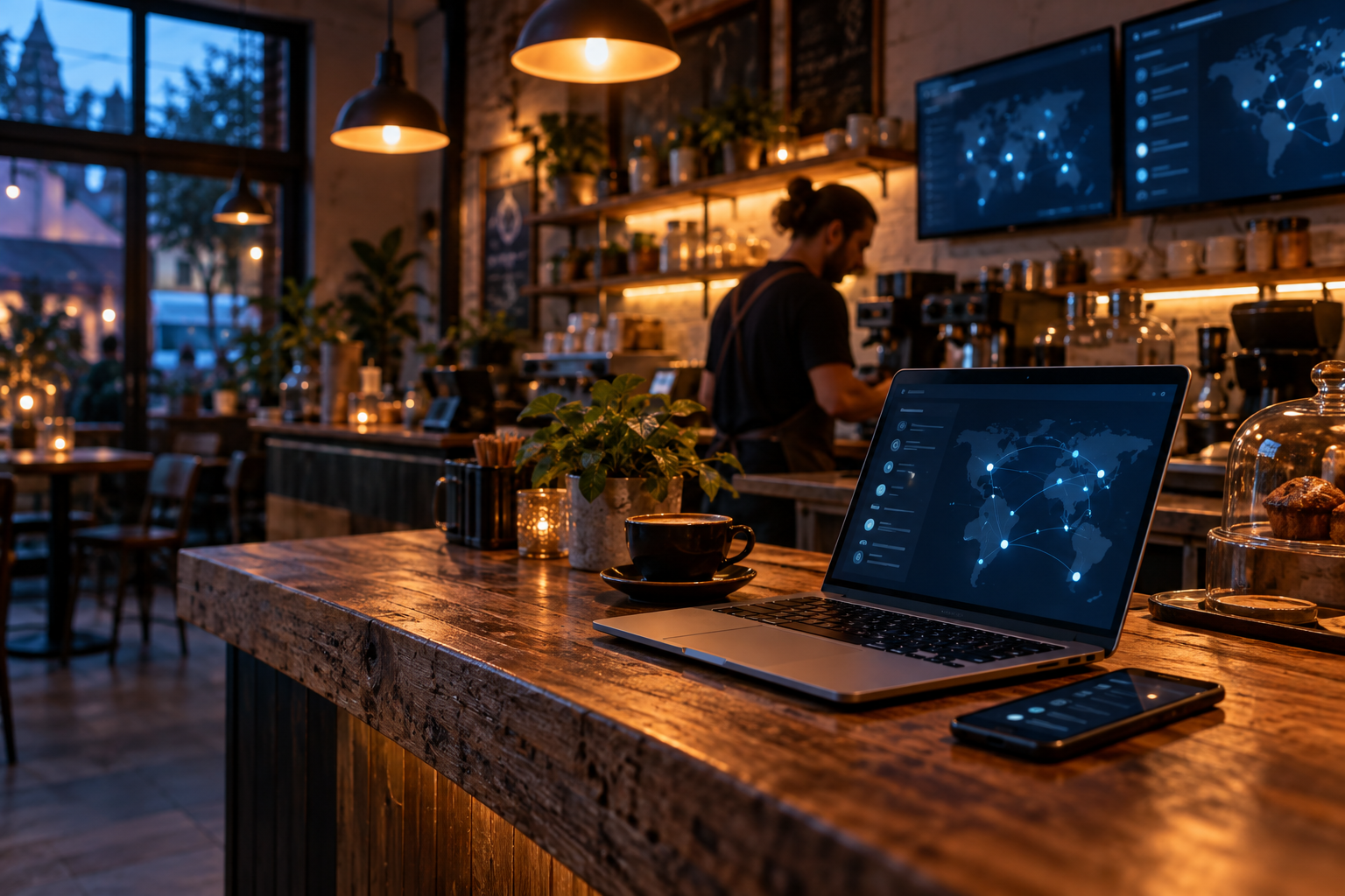 Illustrated cafe setting with a laptop, phone and venue screens
